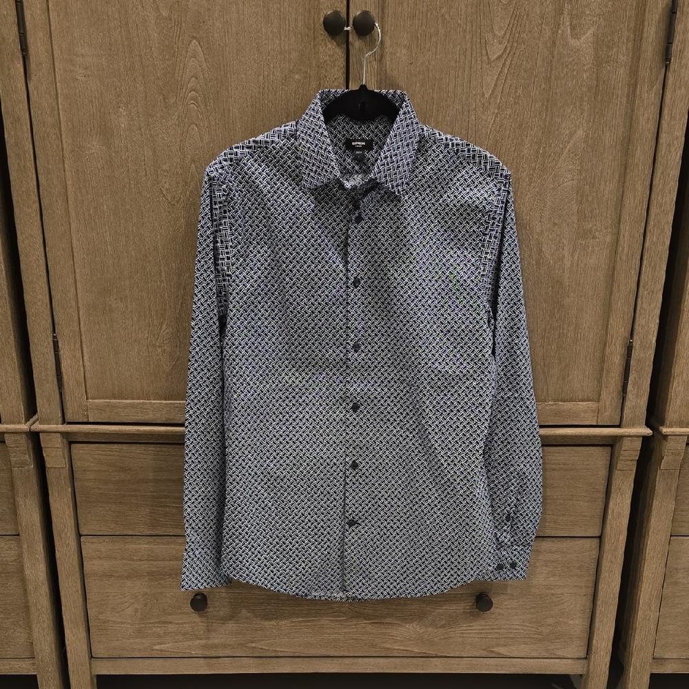 Express Men's Blue, Black and White Patterned Shirt